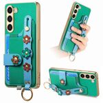 Per Samsung Galaxy S23+ 5G Custodia per telefono con cinturino per scheda di fiori stereoscopici (verde)