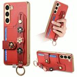 Custodia per telefono con cinturino per scheda e polsino con fiori stereoscopici per Samsung Galaxy S23+ 5G (rosso)