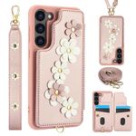 Custodia per telefono in pelle con motivo floreale a tracolla per Samsung Galaxy S22+ 5G (oro rosa)