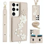 Custodia per cellulare in pelle con motivo floreale a tracolla per Samsung Galaxy S22 Ultra 5G (bianca)