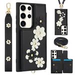 Custodia per cellulare in pelle con motivo floreale a tracolla per Samsung Galaxy S22 Ultra 5G (nera)