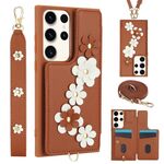 Custodia per cellulare in pelle con motivo floreale a tracolla per Samsung Galaxy S22 Ultra 5G (marrone)