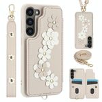 Per Samsung Galaxy S23+ 5G Custodia a tracolla in pelle con motivo floreale (bianca)