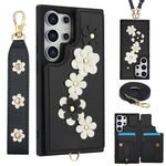 Custodia per cellulare in pelle con motivo floreale a tracolla per Samsung Galaxy S24 Ultra 5G (nera)