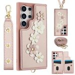 Custodia per cellulare in pelle con motivo floreale a tracolla per Samsung Galaxy S24 Ultra 5G (oro rosa)