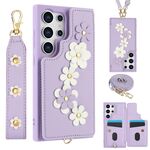 Custodia per cellulare in pelle con motivo floreale a tracolla per Samsung Galaxy S24 Ultra 5G (viola)