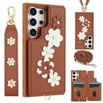 Custodia per cellulare in pelle con motivo floreale a tracolla per Samsung Galaxy S24 Ultra 5G (marrone)