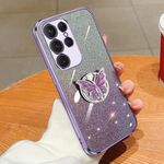 Custodia per telefono in TPU con supporto a farfalla con glitter sfumato placcato per Samsung Galaxy S24 Ultra 5G (viola)