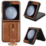 Custodia per telefono posteriore in pelle con cinturino per Samsung Galaxy Z Flip6 (marrone)