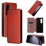 Custodia per cellulare in pelle flip con texture in fibra di carbonio per Samsung Galaxy Z Fold6 (marrone)