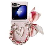 Per Samsung Galaxy Z Flip6 Custodia per cellulare a copertura totale con motivo quadrato a forma di cuore 3D con sciarpa/bracciale (rosa)