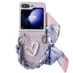 Custodia per telefono a copertura totale con motivo quadrato a forma di cuore 3D per Samsung Galaxy Z Flip6 con sciarpa/bracciale (viola)