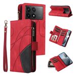 Custodia per cellulare in pelle con portafoglio con cerniera bicolore per Redmi K70 con 9 slot per schede (rosso)