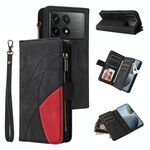 Custodia per cellulare in pelle con portafoglio con cerniera bicolore per Redmi K70 con 9 slot per schede (nera)