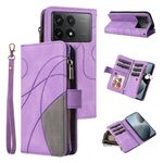Custodia per telefono in pelle con cerniera a portafoglio bicolore per Redmi K70 con 9 slot per schede (viola)