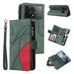 Custodia per cellulare in pelle con portafoglio con cerniera bicolore per Redmi K70 con 9 slot per schede (verde)