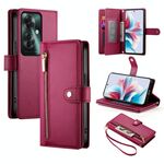 Per OPPO Reno11 F Custodia in pelle con cerniera e nove slot per schede (rosso)