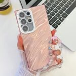 Per Samsung Galaxy S24 Ultra 5G placcatura glitter texture catena cinturino custodia per telefono in TPU con pellicola per lenti (increspature dell'acqua rosa)