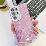 Per Samsung Galaxy S24 Ultra 5G placcatura glitter texture catena cinturino custodia per telefono in TPU con pellicola per lenti (increspature dell'acqua viola)