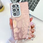 Per Samsung Galaxy S24 Ultra 5G placcatura glitter texture catena cinturino custodia per telefono in TPU con pellicola per lenti (piume rosa)