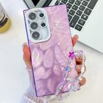 Per Samsung Galaxy S24 Ultra 5G placcatura glitter texture catena cinturino custodia per telefono in TPU con pellicola per lenti (piume viola)