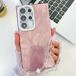 Per Samsung Galaxy S24 Ultra 5G placcatura glitter texture catena cinturino custodia per telefono in TPU con pellicola per lenti (filato di piume rosa)
