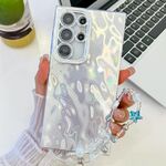 Per Samsung Galaxy S24 Ultra 5G placcatura glitter texture catena cinturino custodia per telefono in TPU con pellicola per lenti (rughe bianche)
