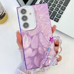 Per Samsung Galaxy S24 5G placcatura glitter texture catena cinturino custodia per telefono in TPU con pellicola per lenti (piume viola)