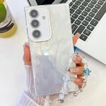 Per Samsung Galaxy S24 5G placcatura glitter texture catena cinturino custodia per telefono in TPU con pellicola per lenti (filato di piume bianche)