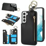 Per Samsung Galaxy S22+ 5G RFlD Custodia antifurto con cerniera a doppia fibbia e anello per carte di credito (nero)