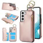 Per Samsung Galaxy S22+ 5G RFlD Custodia antifurto con cerniera a doppia fibbia e anello per carte di credito (oro rosa)