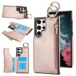 Per Samsung Galaxy S22 Ultra 5G RFlD Custodia antifurto con cerniera a doppia fibbia e anello per carte di credito (oro rosa)