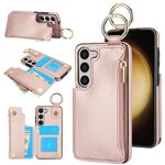 Per Samsung Galaxy S23 5G RFlD Custodia antifurto con cerniera a doppia fibbia e anello per carte di credito (oro rosa)