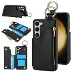 Per Samsung Galaxy S23+ 5G RFlD Custodia antifurto con cerniera a doppia fibbia e anello per carte di credito (nero)