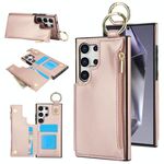 Per Samsung Galaxy S24 Ultra 5G RFlD Custodia antifurto con cerniera a doppia fibbia e anello per carte di credito (oro rosa)