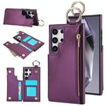 Per Samsung Galaxy S24 Ultra 5G RFlD Custodia antifurto con cerniera a doppia fibbia e anello per telefono cellulare (viola scuro)