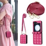 Per Samsung Galaxy Z Flip6 Custodia per telefono in pelle con cordino a forma quadrata (rosso rosa)