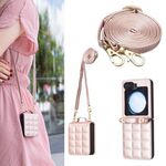Per Samsung Galaxy Z Flip6 Custodia per telefono in pelle con cordino a forma quadrata (oro rosa)