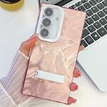Per Samsung Galaxy S24 5G placcatura glitter texture pieghevole supporto TPU custodia per telefono con pellicola per lenti (piume rosa)