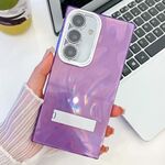 Per Samsung Galaxy S24 5G placcatura glitter texture pieghevole supporto TPU custodia per telefono con pellicola per lenti (filato di piume viola)
