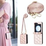 Per Samsung Galaxy Z Flip6 Custodia per telefono in pelle con cordino a forma di V (oro rosa)