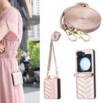 Per Samsung Galaxy Z Flip6 Custodia per telefono in pelle con cordino a forma di onda (oro rosa)