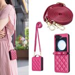 Per Samsung Galaxy Z Flip6 Custodia per telefono in pelle con cordino a forma di rombo (rosso rosa)