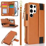 Per Samsung Galaxy S22 Ultra 5G Custodia per cellulare con cerniera Borsa con cerniera Custodia in pelle RFID (marrone)