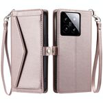 Per Xiaomi 14 Portafoglio Multi-Slot per Carta Custodia in Pelle per Telefono con Lanyard (Oro Rosa)