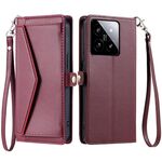 Per Xiaomi 14 Portafoglio Multi-Slot per Carta Custodia in Pelle per Telefono con Lanyard (Rosso Vino)