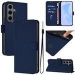 Per Samsung Galaxy S24+ 5G Custodia in pelle tinta unita con cordino (blu navy)