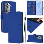 Per OPPO Reno11 Pro 5G Custodia per telefono in pelle tinta unita con cordino (blu scuro)