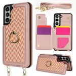 Per Samsung Galaxy S22 5G Custodia per telefono con doppia fessura per carta posteriore e copertura completa con tracolla (oro rosa)