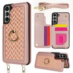 Per Samsung Galaxy S22+ 5G Custodia per telefono con doppia fessura per carta posteriore e copertura completa con tracolla (oro rosa)